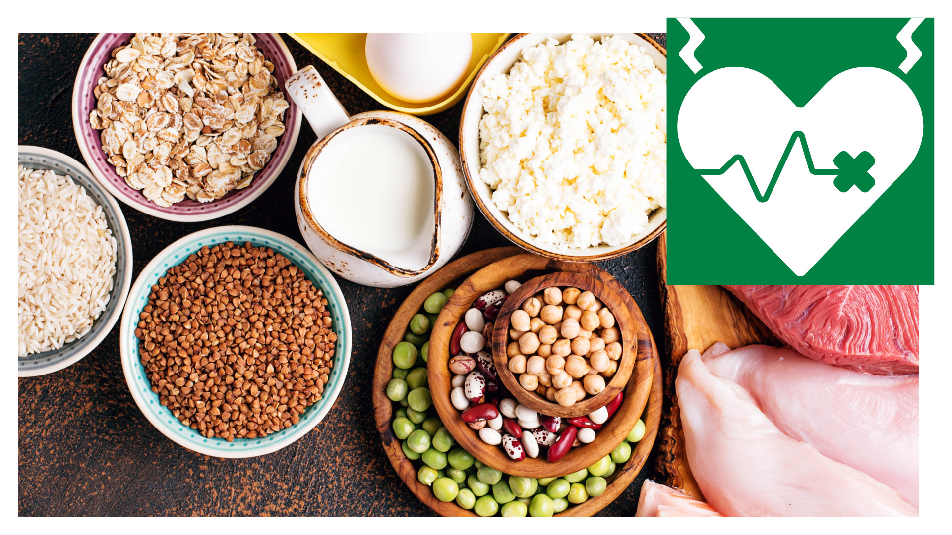 Schaubild Proteinreiche Lebensmittel und ein Herzerkrankungssymbol