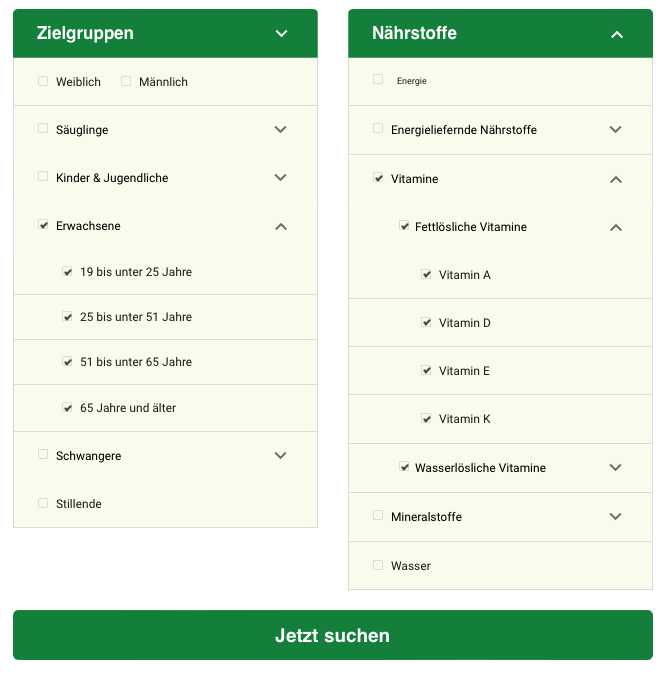The picture shows a screenshot of the filter tool. In the left collumn you can choose the person group in the right collum the nutrient.