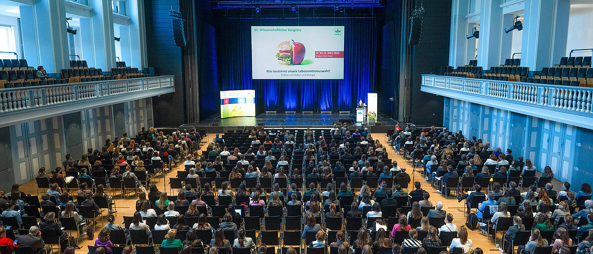 Festsaal mit Zuschauer*innen, die auf eine Leinwand schauen.