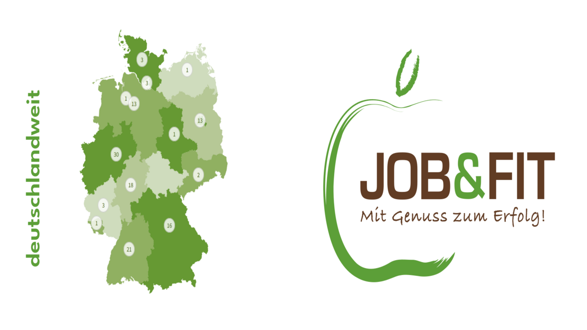 Deutschlandkarte mit zertifizierten JOB&FIT-LOGO-Inhabern, JOB&FIT-Logo
