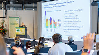 Dr. Britta Nagl am Pult, rechts das Beamerbild.